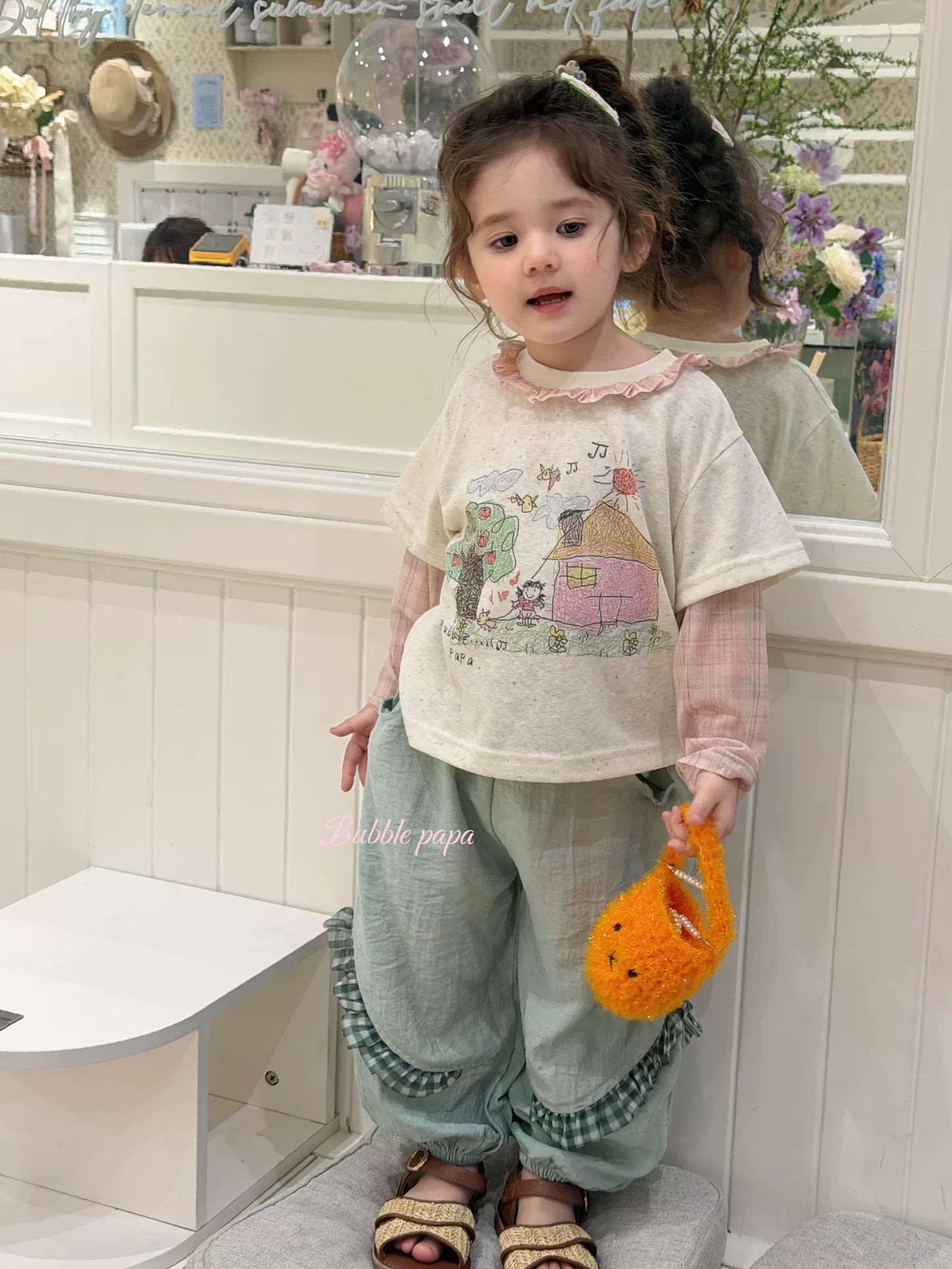 2026 summer new girls' and children's Korean version Western style fake two-piece spliced cartoon printed T-shirt, women's treasure casual pants