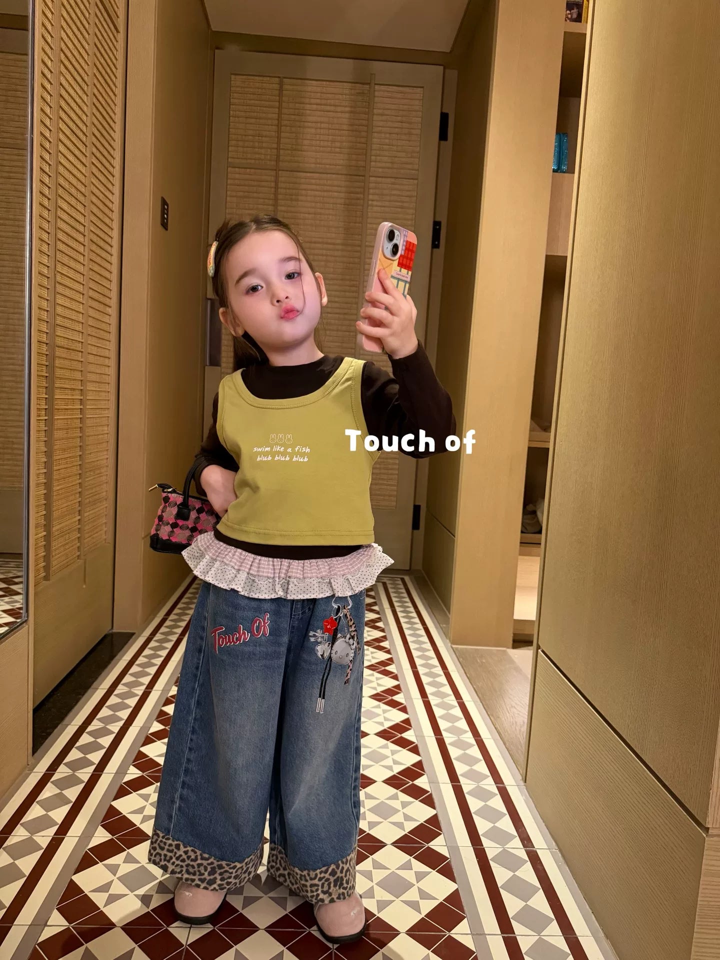 TF children's clothing 2026 autumn new item girls' and children's lace two-piece set T-shirt Korean version leopard print splicing straight leg jeans