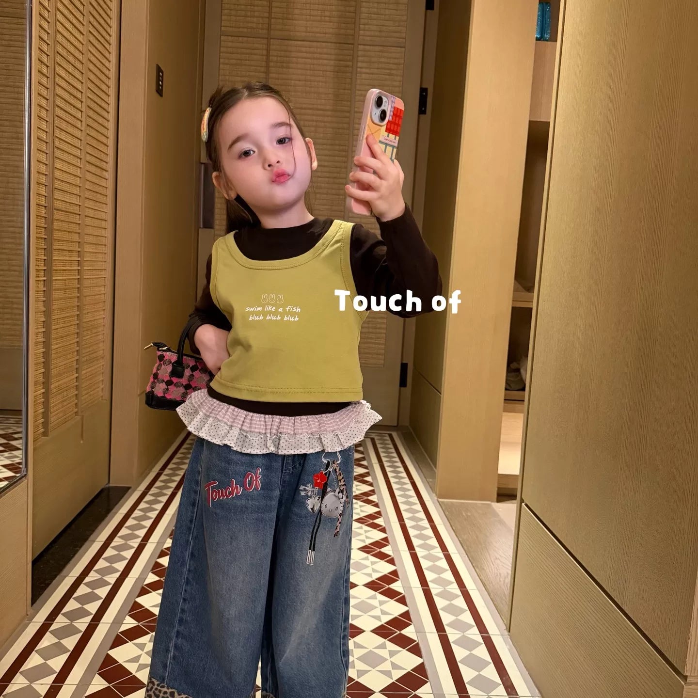 TF children's clothing 2026 autumn new item girls' and children's lace two-piece set T-shirt Korean version leopard print splicing straight leg jeans