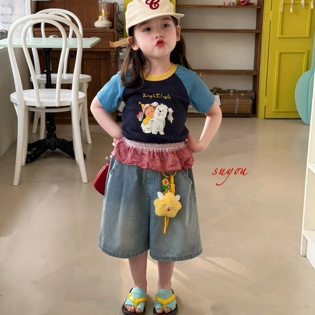 Suyou 2026 Summer Style Girls' Dog Cartoon Color blocked Western Style Short sleeved T-shirt Korean Version Baby Cowboy Pants Trendy