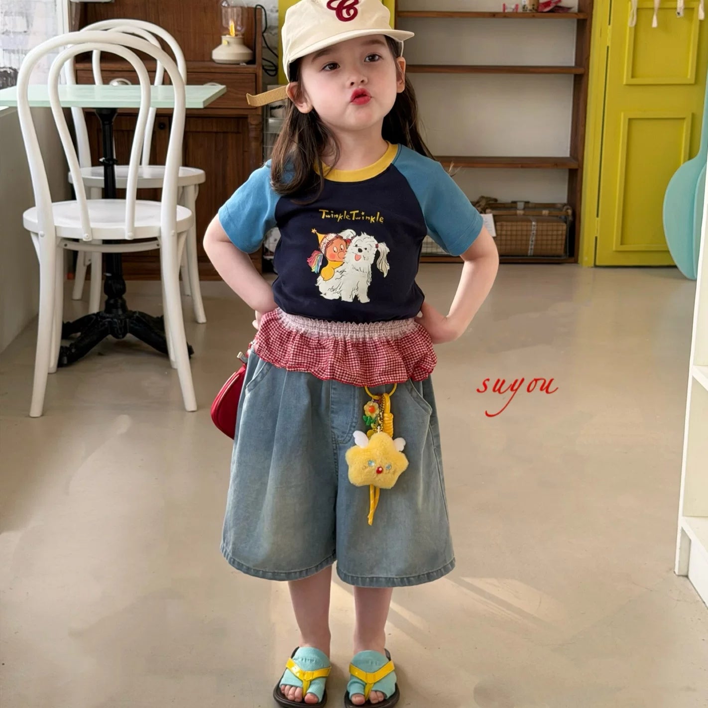 Suyou 2026 Summer Style Girls' Dog Cartoon Color blocked Western Style Short sleeved T-shirt Korean Version Baby Cowboy Pants Trendy