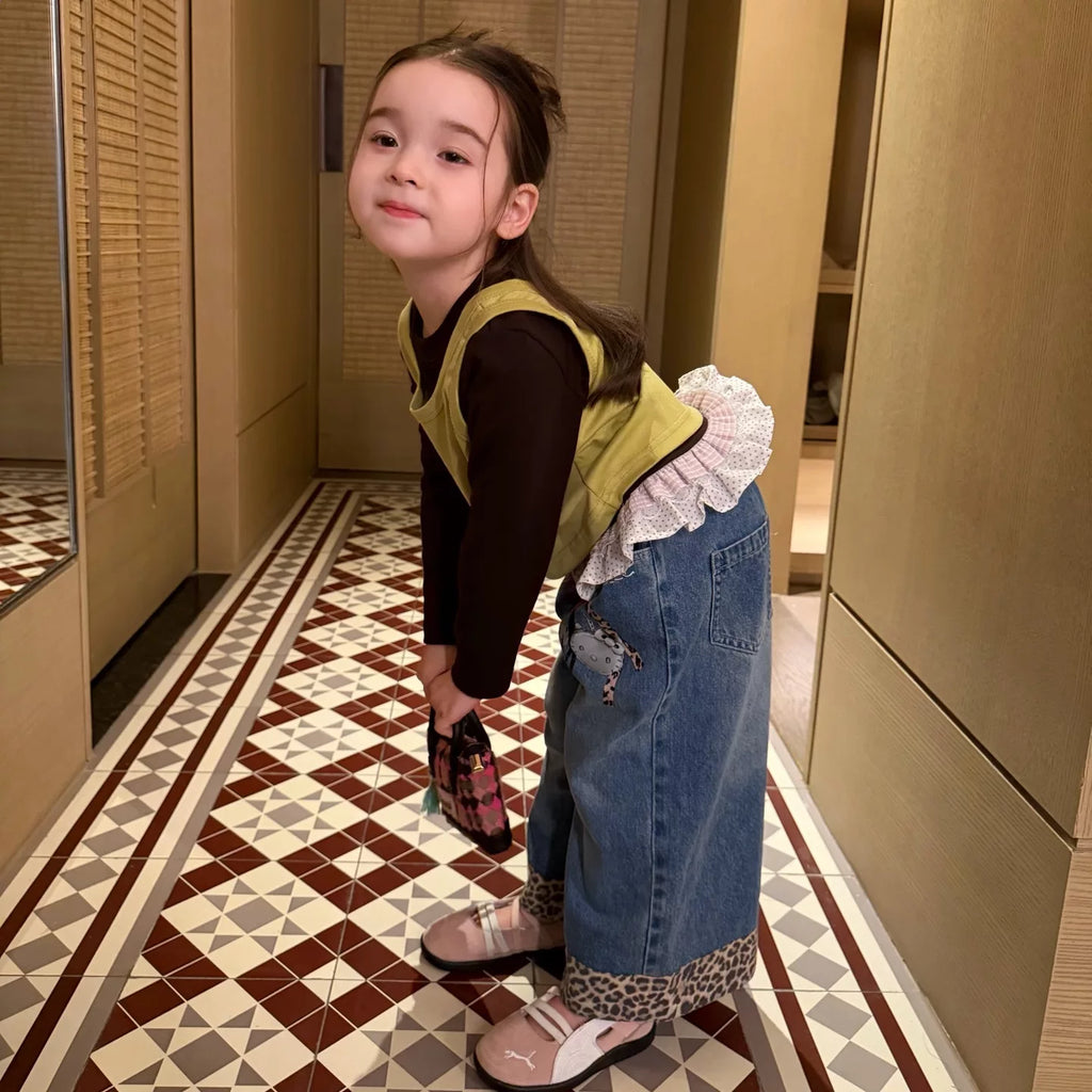 TF children's clothing 2026 autumn new item girls' and children's lace two-piece set T-shirt Korean version leopard print splicing straight leg jeans