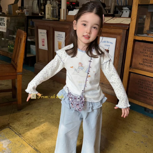 AH2026 autumn new Korean version sweet and cute lace patchwork long sleeved T-shirt for girls and children, fart curtain casual pants