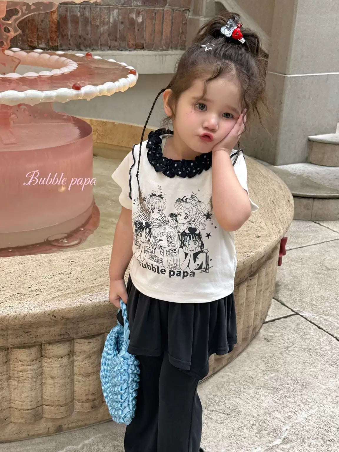 26夏新款女童小童辣妹t韩版美少女花边修身短袖T恤时髦裙边喇叭裤