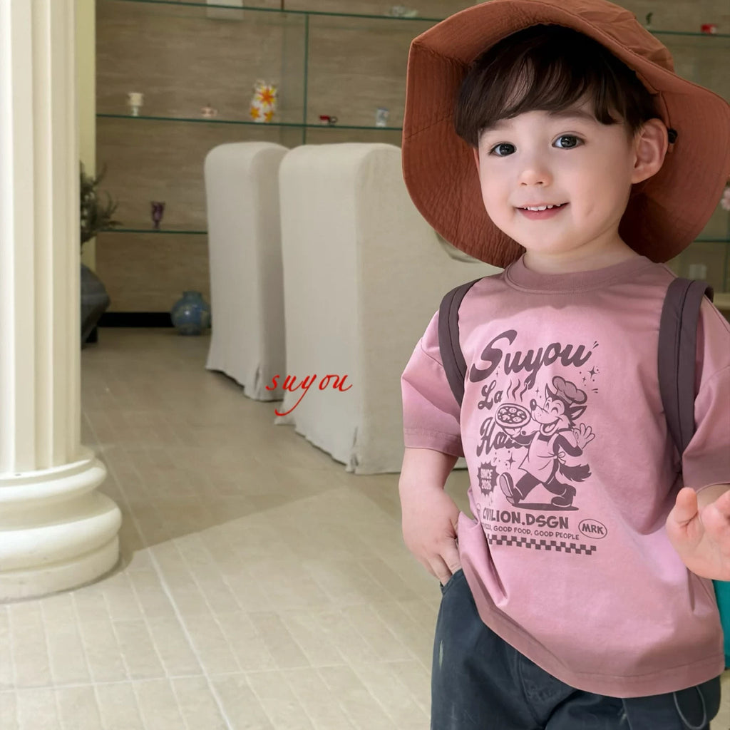 SuYou 2026 Summer Children's Clothing Half Sleeve Korean Edition Cartoon Printed Short Sleeve T-shirt for Boys and Children, Casual Cowboy Shorts