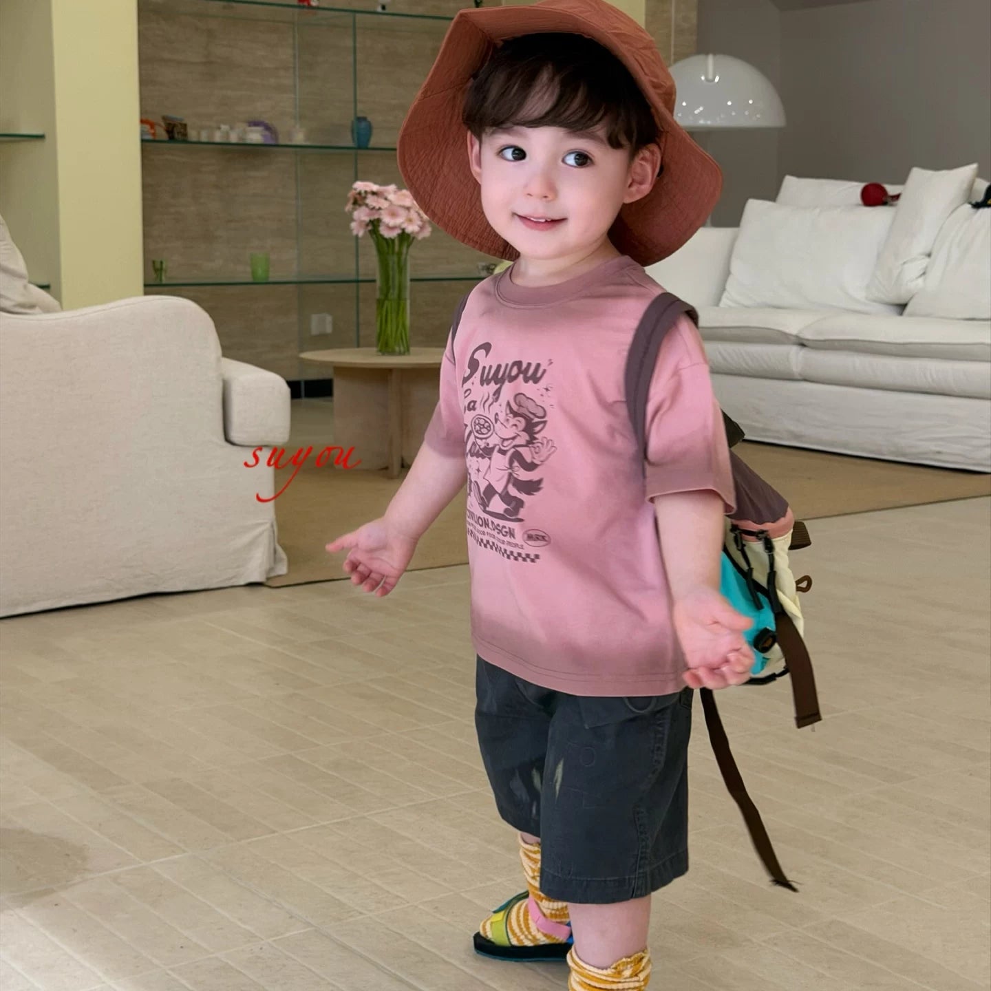 SuYou 2026 Summer Children's Clothing Half Sleeve Korean Edition Cartoon Printed Short Sleeve T-shirt for Boys and Children, Casual Cowboy Shorts