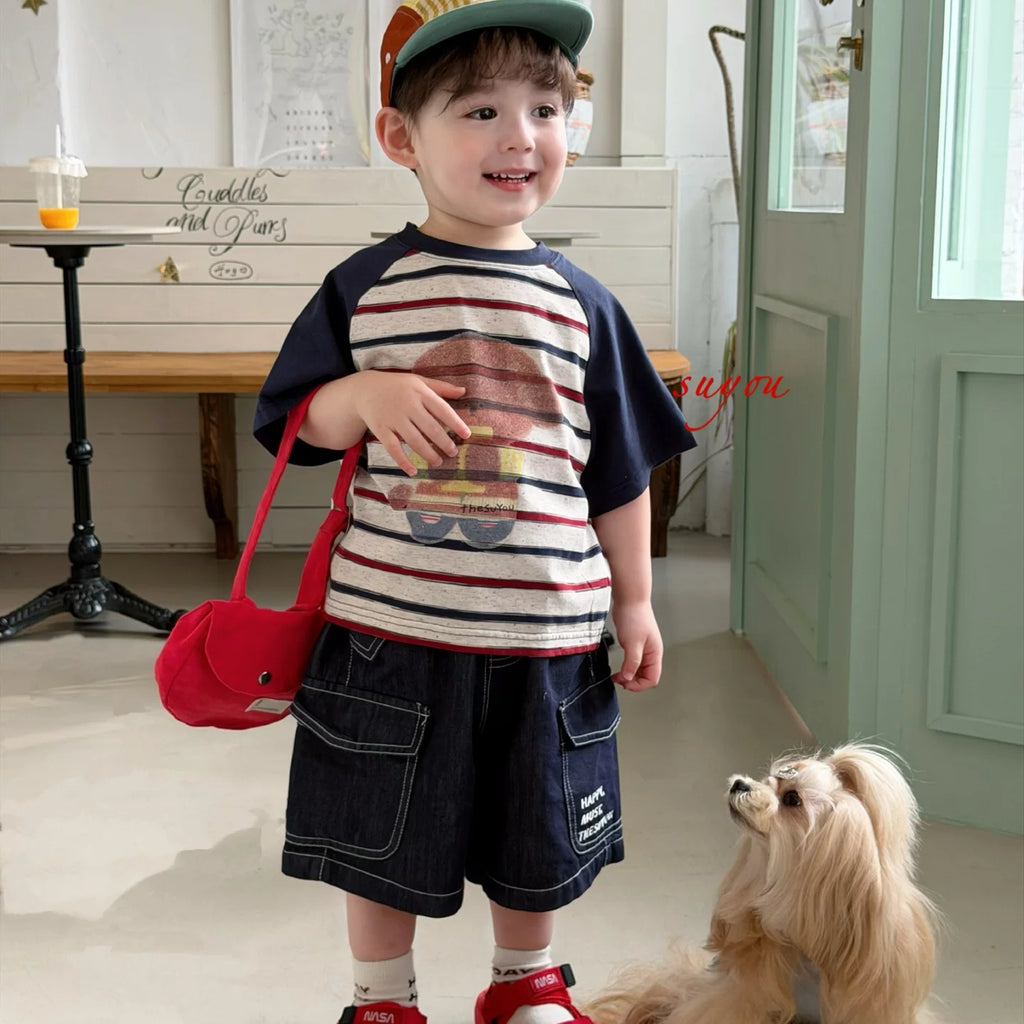 SuYou 2026 Summer Edition Korean version children's fresh striped short sleeved T-shirt, baby style loose and fashionable jeans