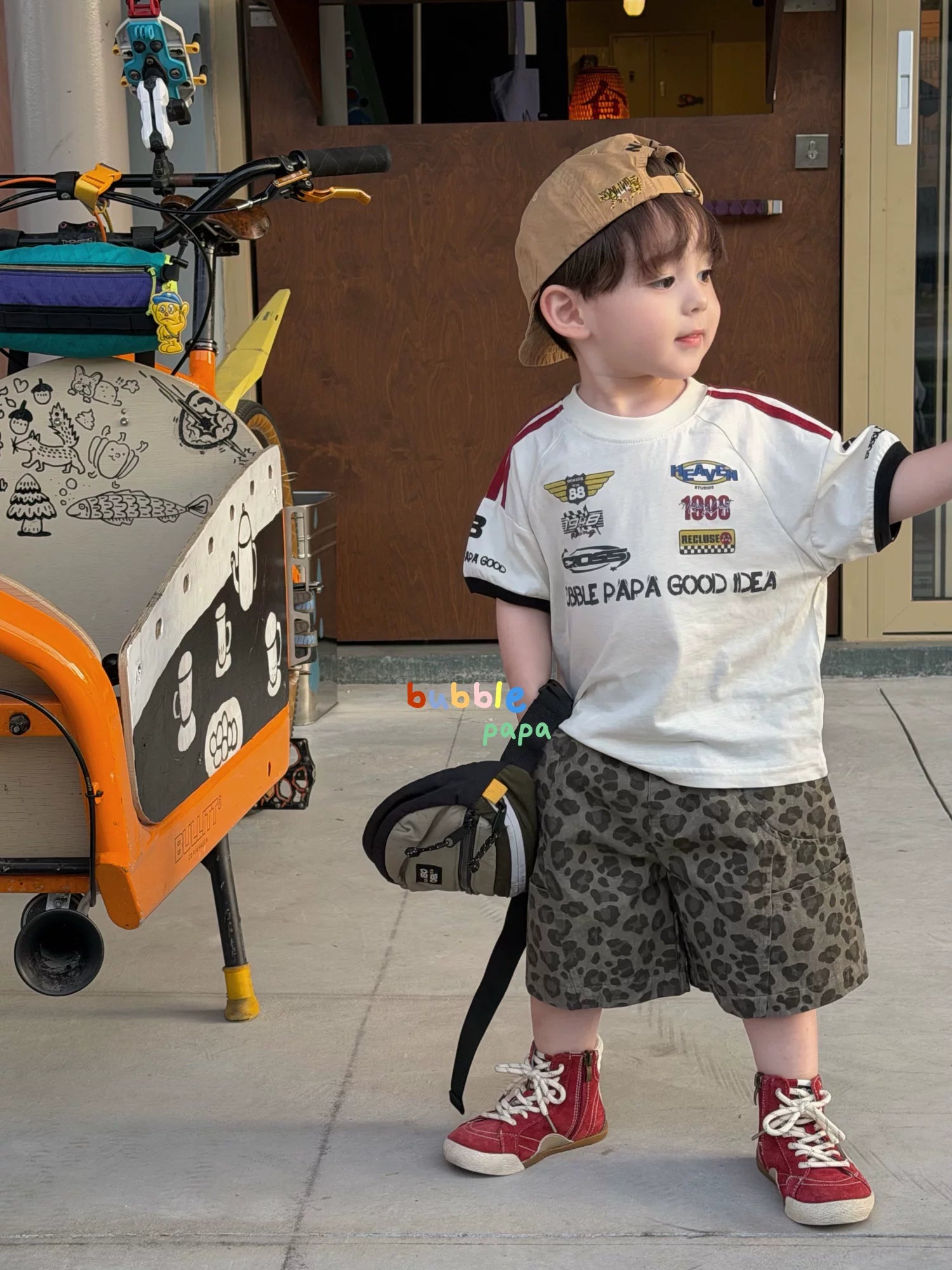 2026 Summer New Boys' and Children's Motorcycle Letter Printed Straight Short sleeved T-shirt Korean Edition Leopard Pattern Casual Shorts