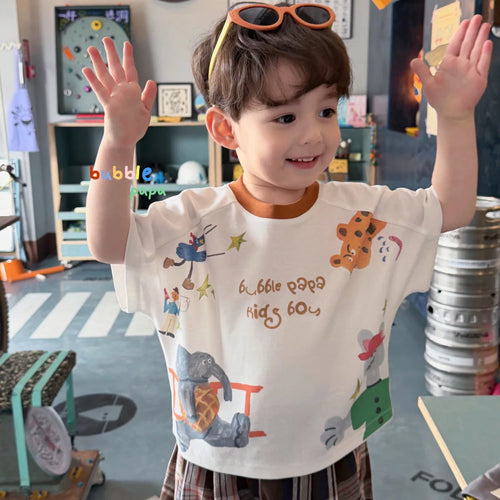2026 Summer New Boys' and Children's Cartoon Animal Printed Round Neck Splicing Short Sleeve T-shirt Korean Plaid Midpants