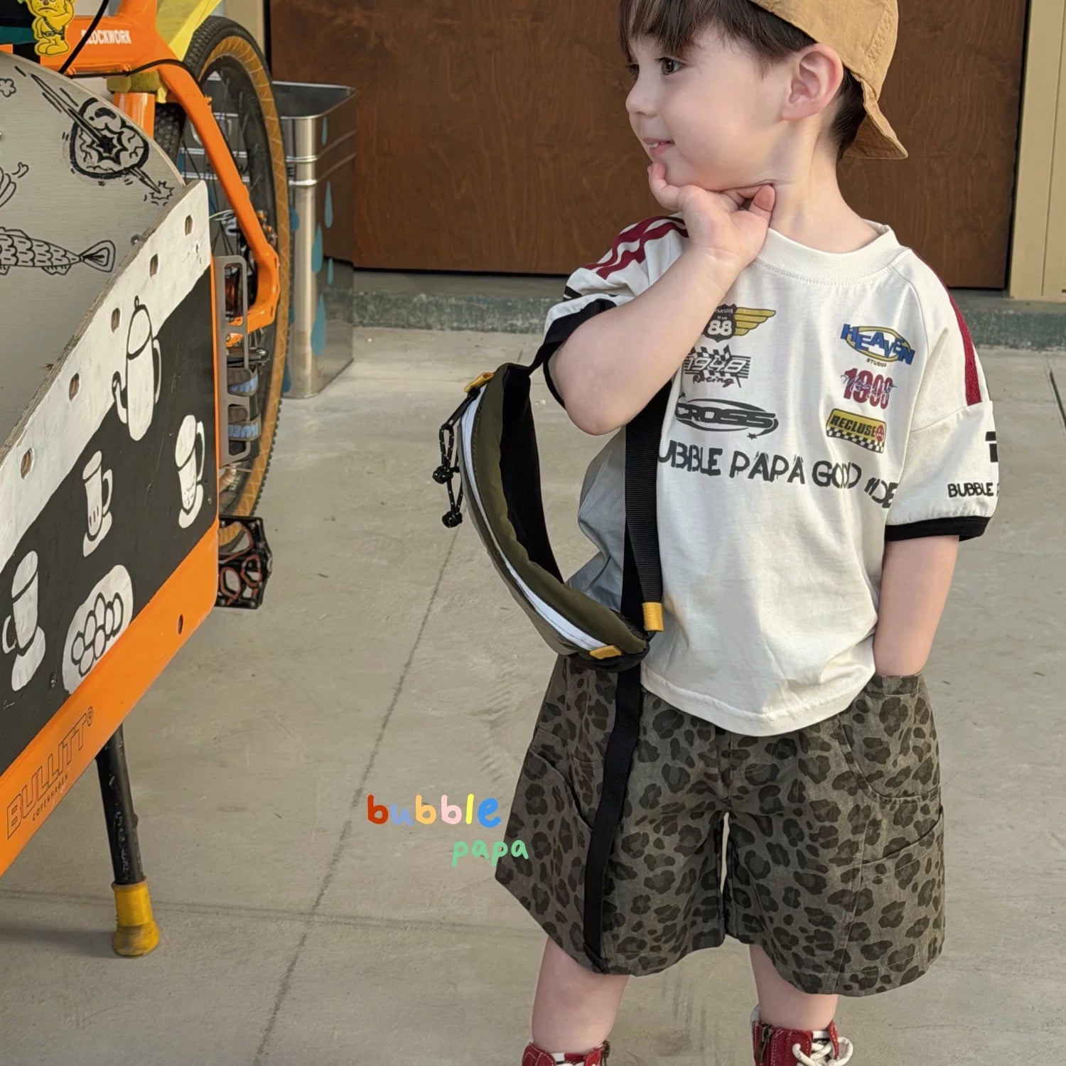 2026 Summer New Boys' and Children's Motorcycle Letter Printed Straight Short sleeved T-shirt Korean Edition Leopard Pattern Casual Shorts