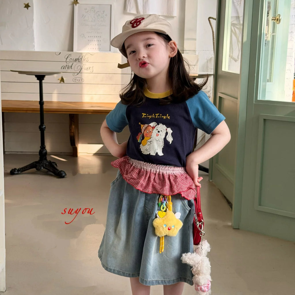 Suyou 2026 Summer Style Girls' Dog Cartoon Color blocked Western Style Short sleeved T-shirt Korean Version Baby Cowboy Pants Trendy