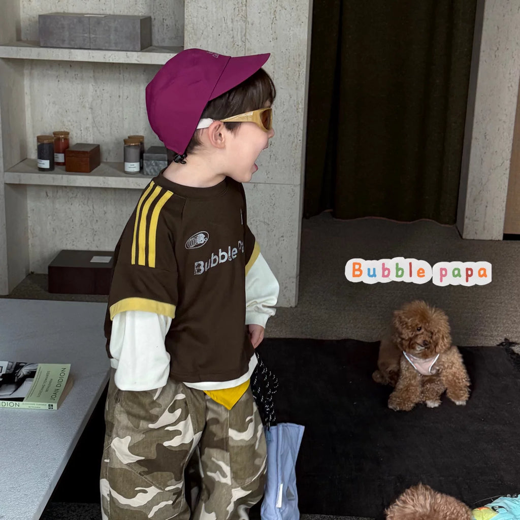 26 Autumn Style Boys' and Boys' American Retro Color Contrast Letter Printed Short sleeved T-shirt Korean Edition Work Clothes Camo Pants