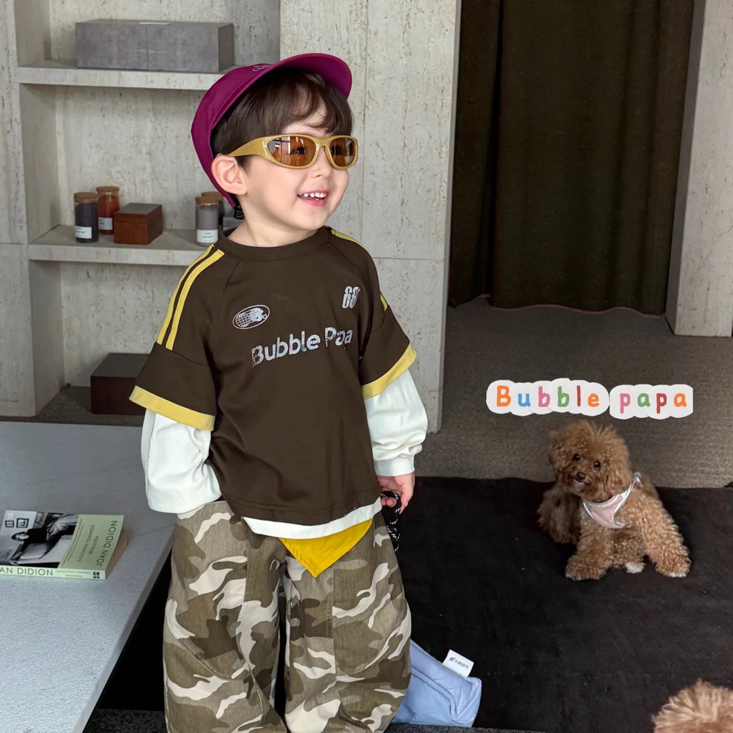 26 Autumn Style Boys' and Boys' American Retro Color Contrast Letter Printed Short sleeved T-shirt Korean Edition Work Clothes Camo Pants