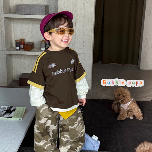 26 Autumn Style Boys' and Boys' American Retro Color Contrast Letter Printed Short sleeved T-shirt Korean Edition Work Clothes Camo Pants