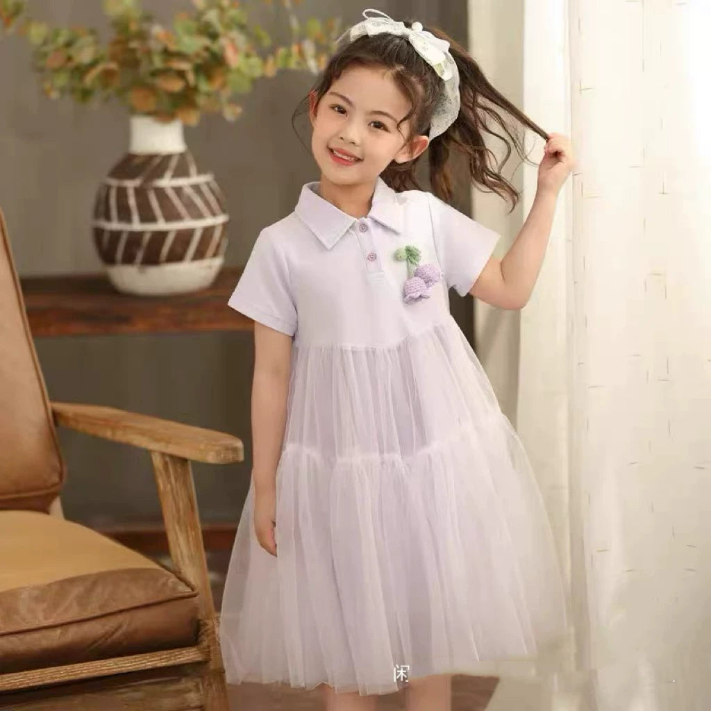Ma Girls' Dress Summer Dress Polo Collar Dress Cute College Style Mesh Dress