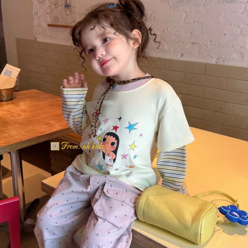 AH Children's Clothing 26 Autumn Edition Girls' and Children's Jade Star Cartoon Printed Fake Two piece Long sleeved T-shirt Korean Edition Casual Pants