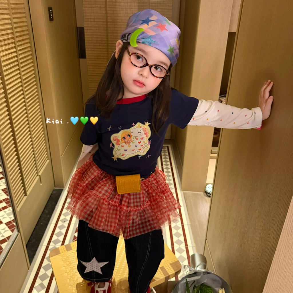 Kiai2026 autumn new children's clothing for girls and children, Korean version, mesh fabric, fart curtain jeans, pony fake two piece T-shirt