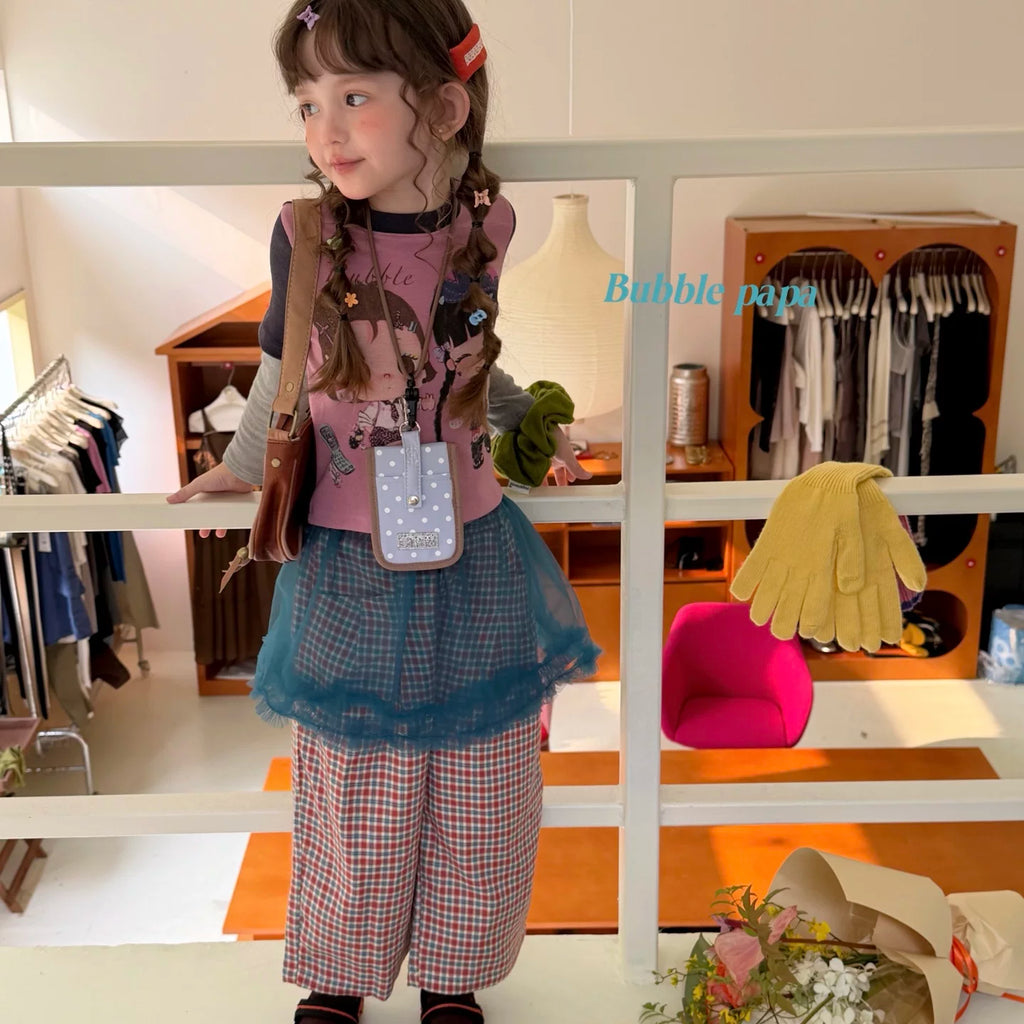 2026 Autumn New Cartoon Printed Splicing Fake Two piece Long sleeved T-shirt for Girls and Children Korean Checkered Casual Pants