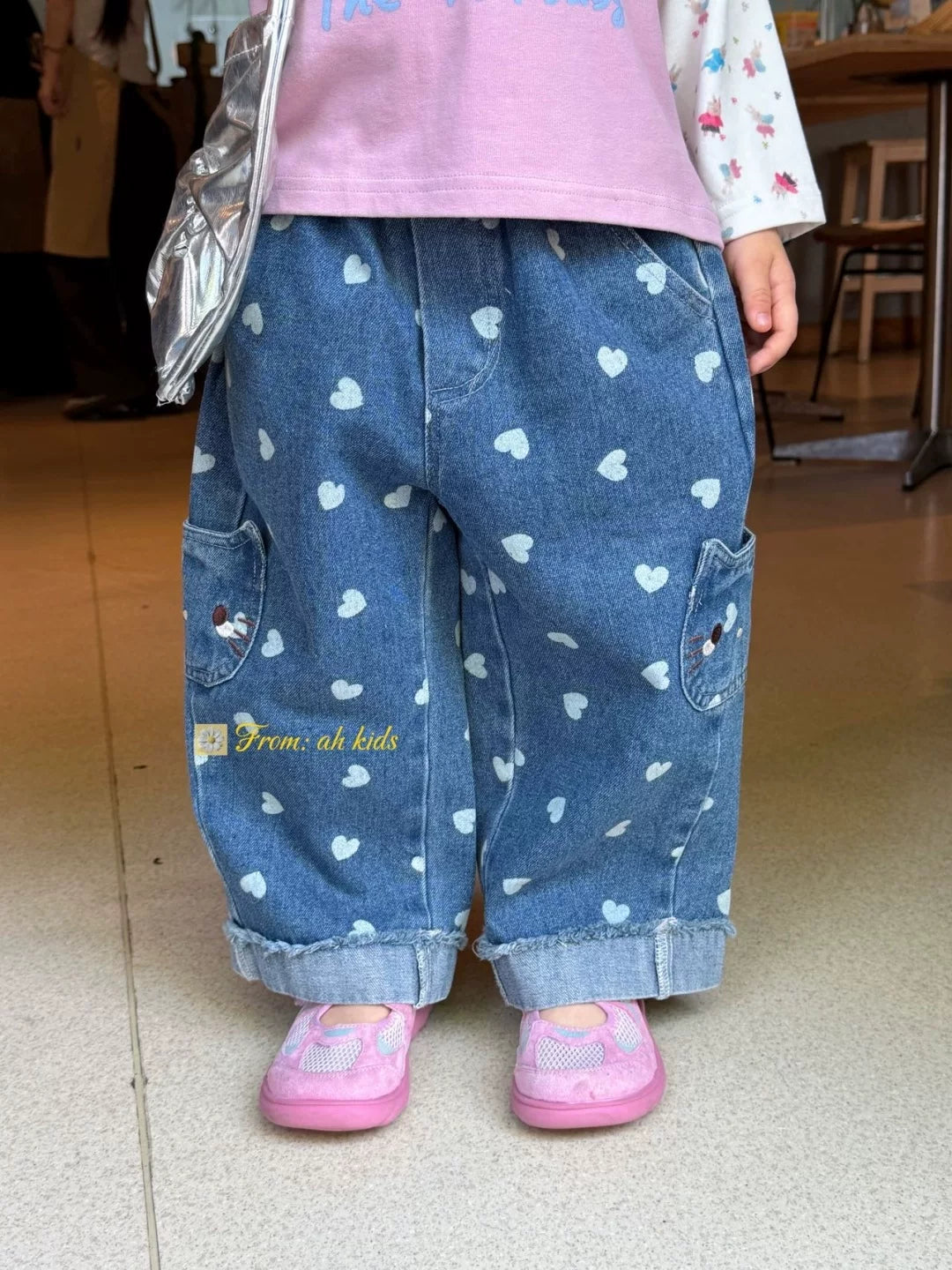 AH Children's Clothing 26 Autumn Edition Girls' and Children's Korean Version Love Cartoon Pocket Jeans Pink Rabbit Fake Two piece T-shirt