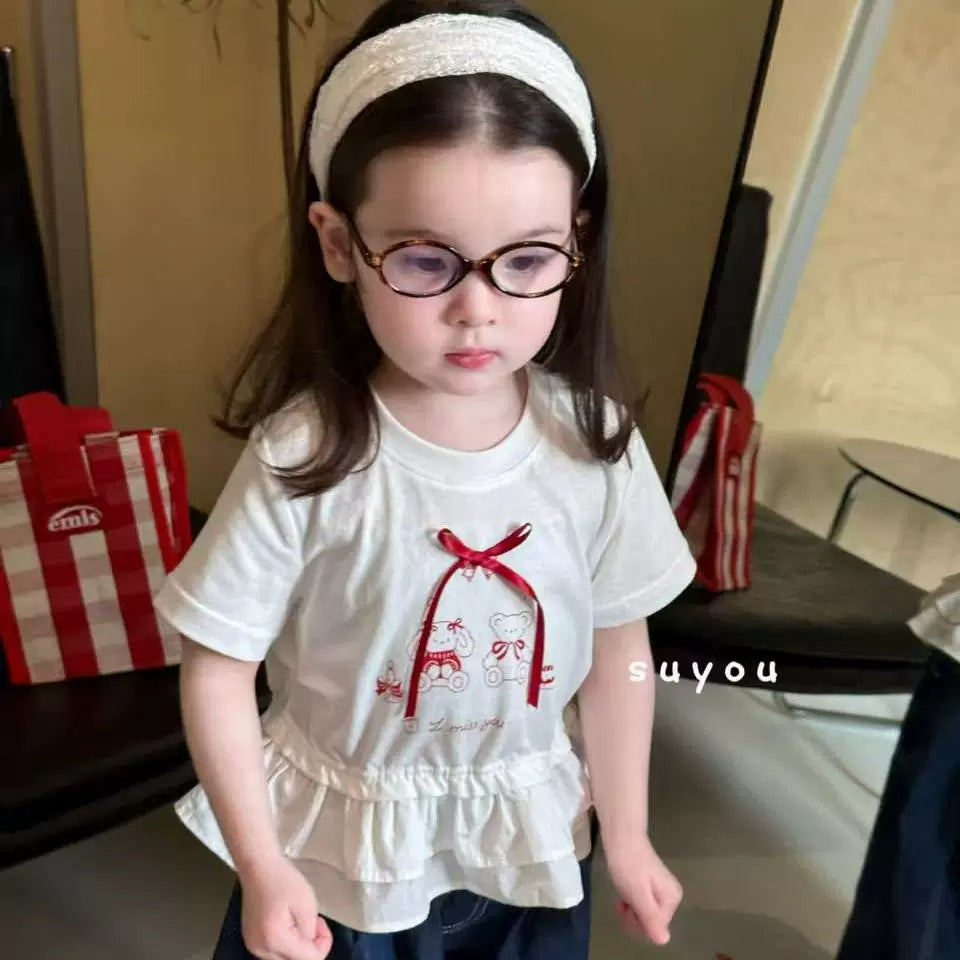 2025 summer new Korean version girls' and children's cartoon cute bow short sleeved T-shirt for women's treasure ruffled denim