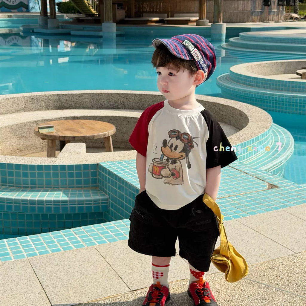 2026 Summer New Boys' and Children's Korean Edition Versatile Cotton Casual Shorts Loose Puppy Color blocked Short Sleeve T-shirt