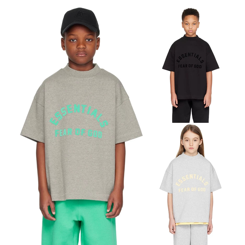 Essentials Children's Short sleeved T-shirt 24ss Curved Word Boys and Girls Summer Trendy Brand Children's Clothing Set Casual Versatile