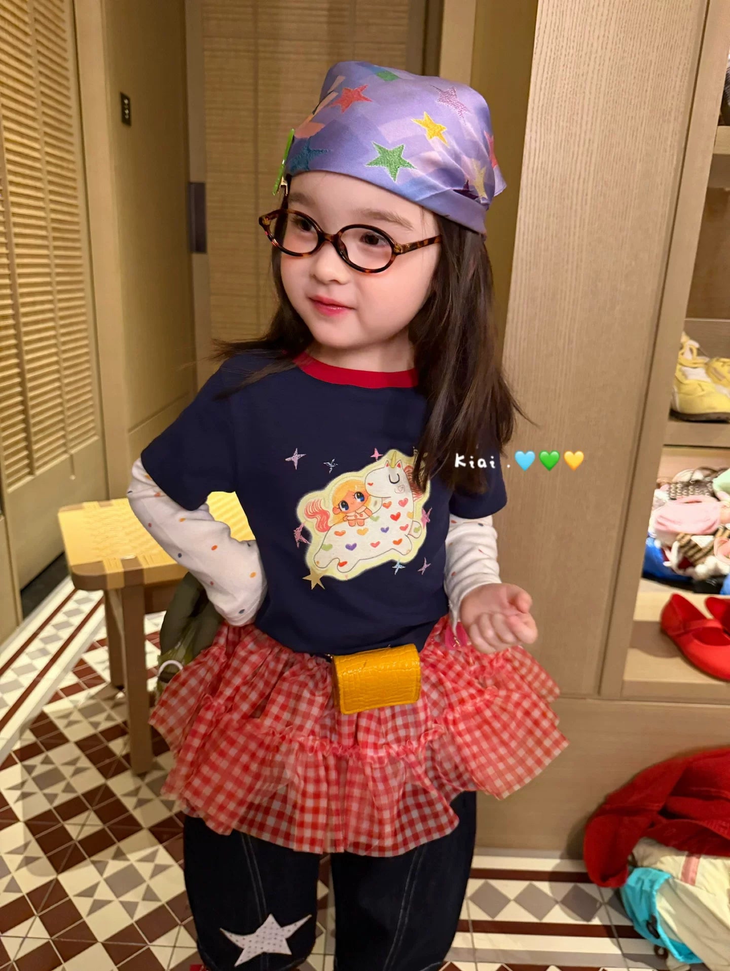 Kiai2026 autumn new children's clothing for girls and children, Korean version, mesh fabric, fart curtain jeans, pony fake two piece T-shirt