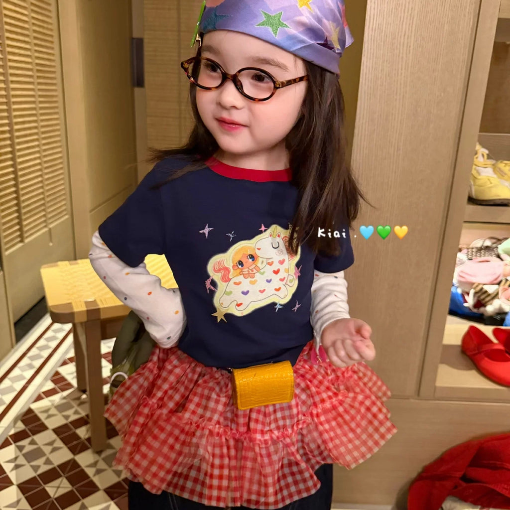 Kiai2026 autumn new children's clothing for girls and children, Korean version, mesh fabric, fart curtain jeans, pony fake two piece T-shirt