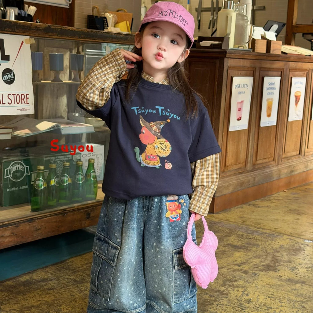 SuYou 2026 Autumn New Star People Cartoon Printed True Two piece Long sleeved T-shirt for Girls with polka dot workwear, Jeans