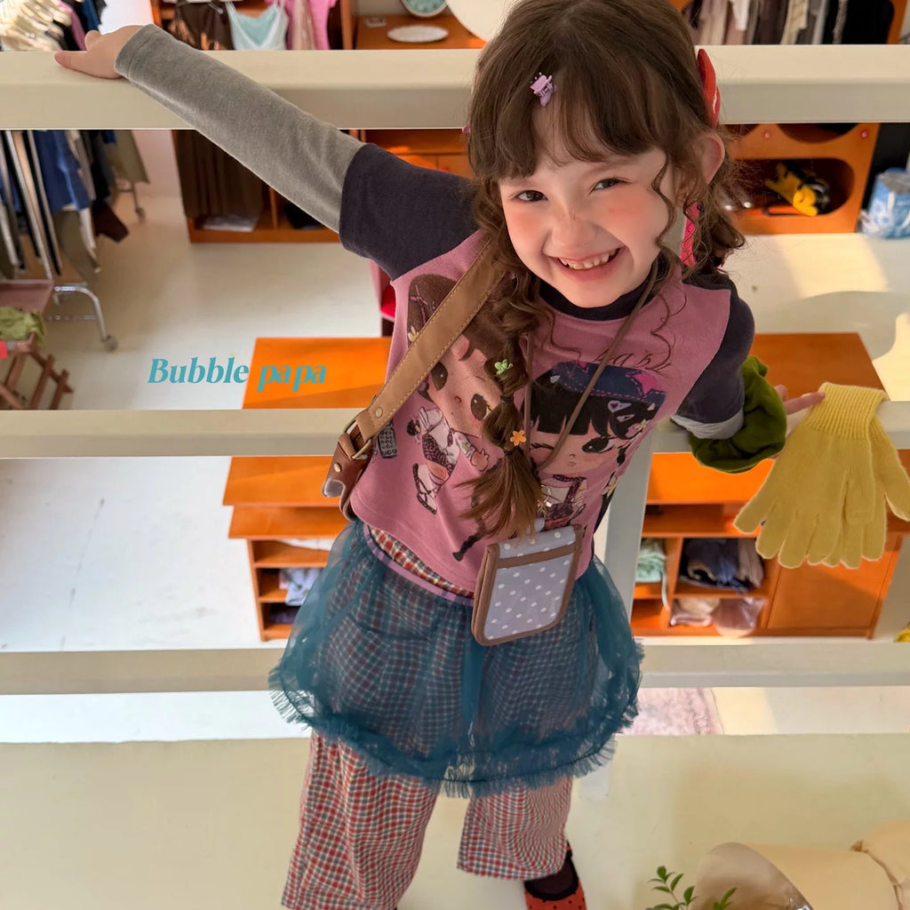 2026 Autumn New Cartoon Printed Splicing Fake Two piece Long sleeved T-shirt for Girls and Children Korean Checkered Casual Pants