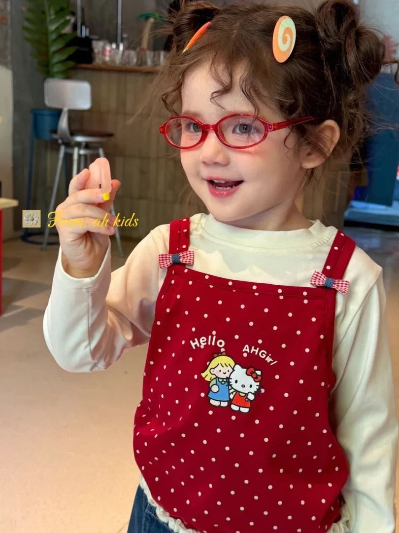 AH children's clothing 2026 autumn new item girls and children Korean version fart curtain KT cat embroidery jeans polka dot fake two piece T-shirt