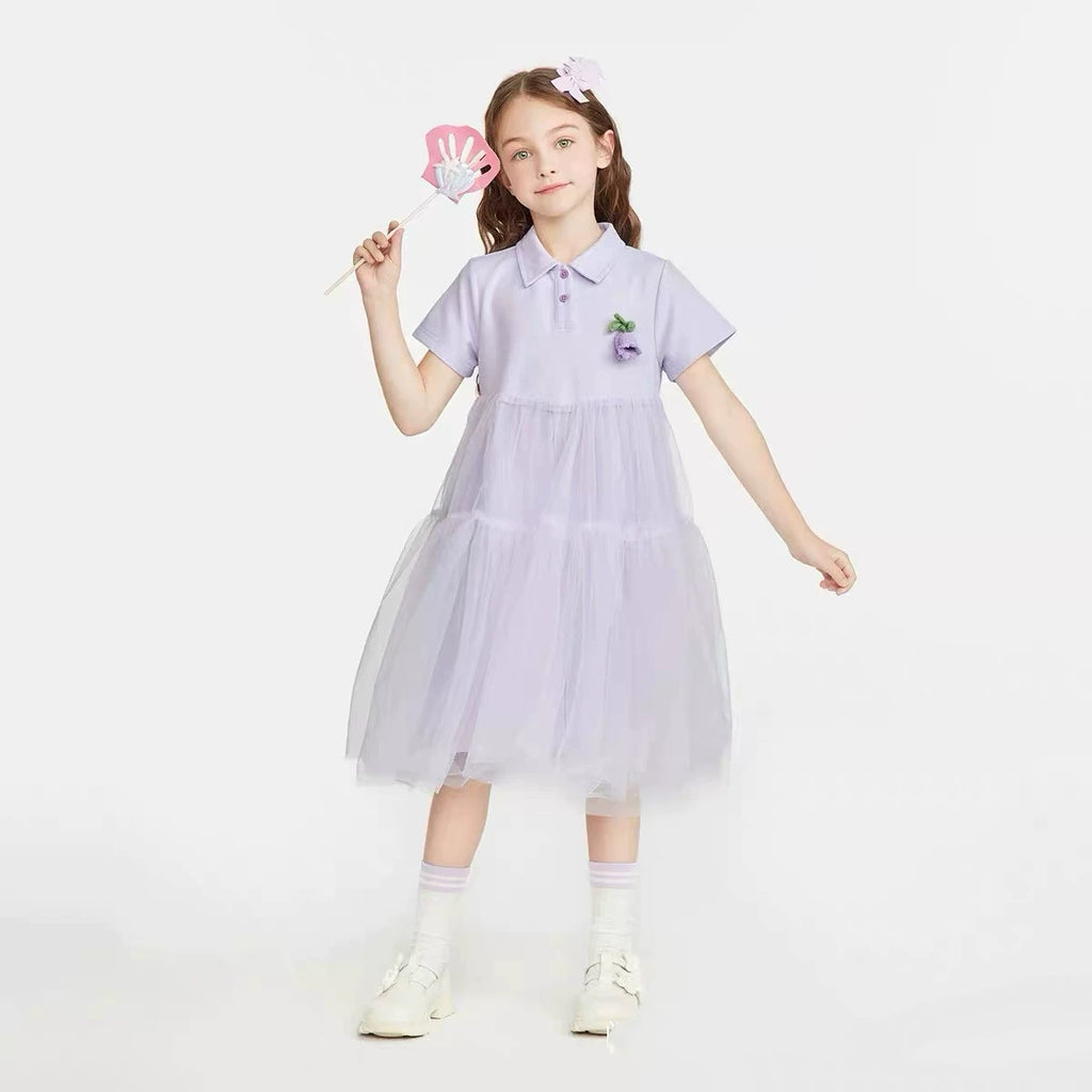 Ma Girls' Dress Summer Dress Polo Collar Dress Cute College Style Mesh Dress
