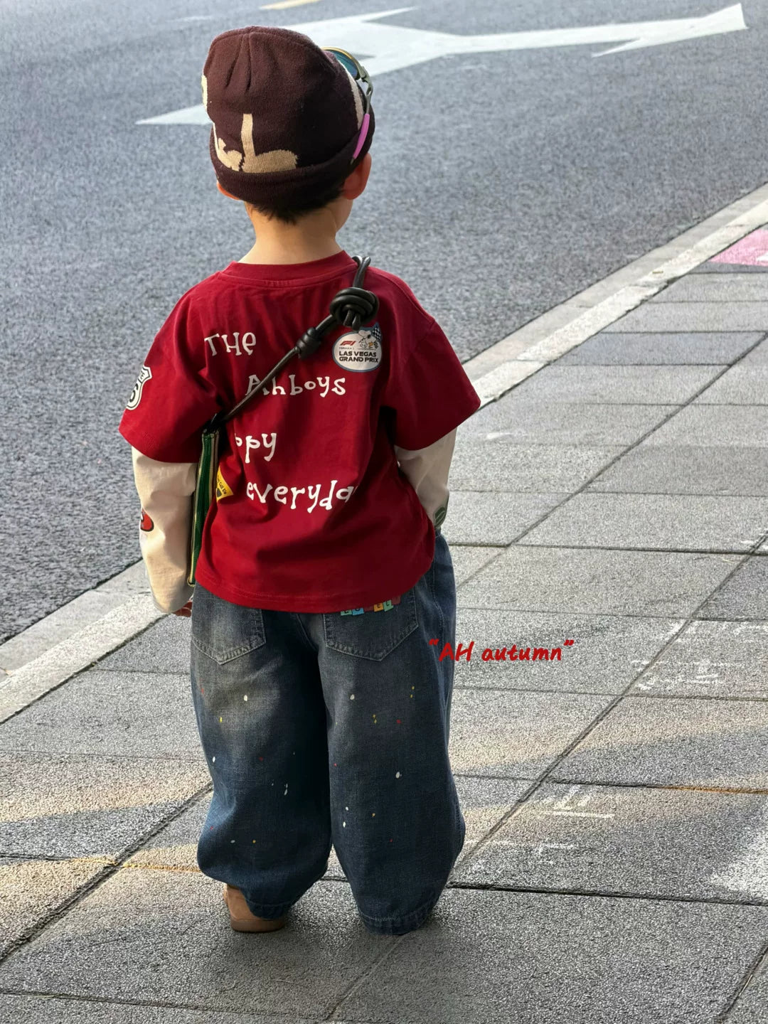 AH26 autumn boys and children's casual round neck red letter printed fake two piece T-shirt Korean loose and versatile jeans