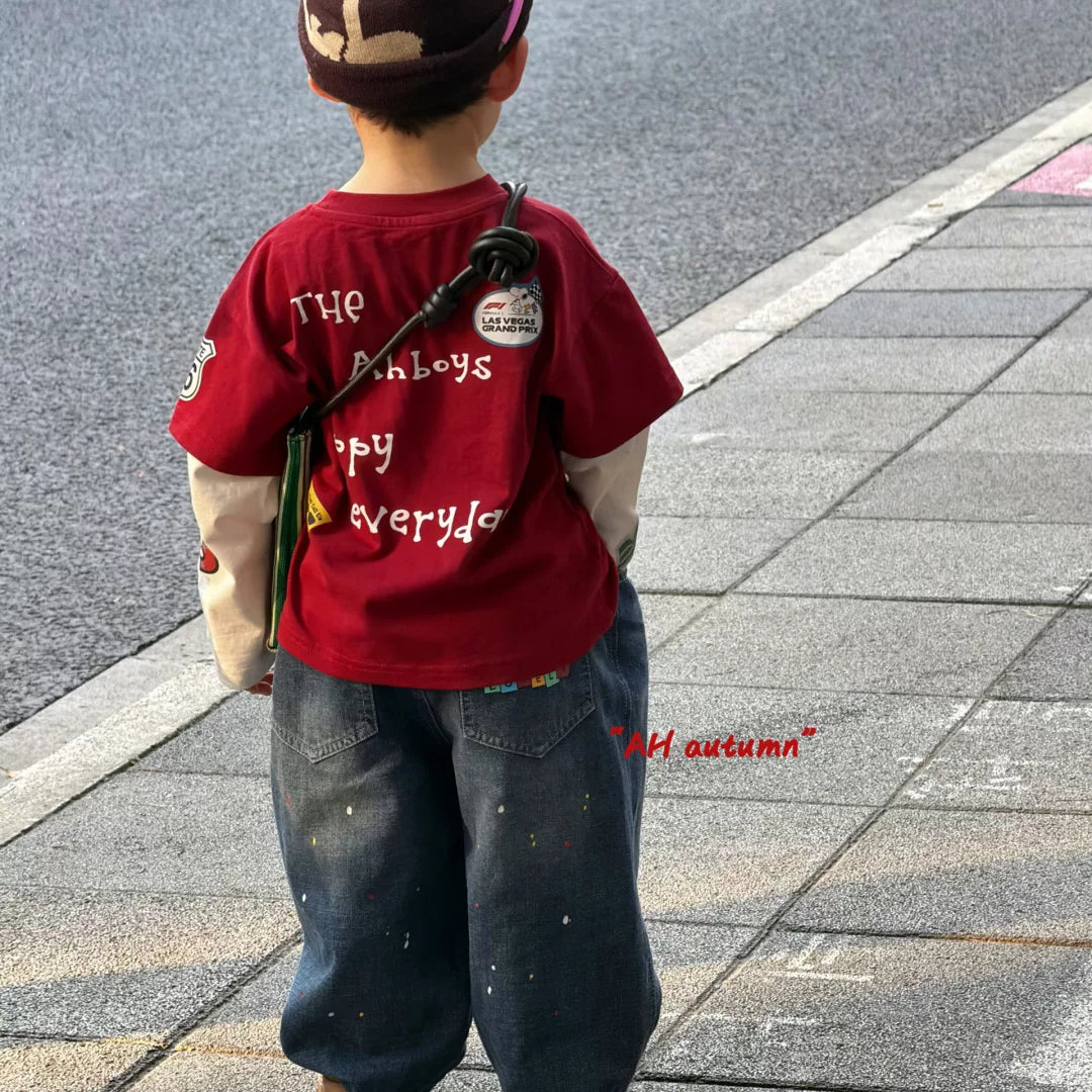 AH26 autumn boys and children's casual round neck red letter printed fake two piece T-shirt Korean loose and versatile jeans