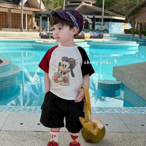 2026 Summer New Boys' and Children's Korean Edition Versatile Cotton Casual Shorts Loose Puppy Color blocked Short Sleeve T-shirt