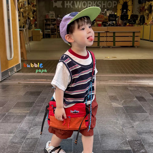 2026 summer new children's vacation two-piece spliced striped short sleeved T-shirt Korean version boys' and children's pocket casual shorts