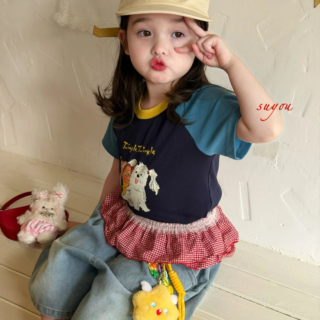 Suyou 2026 Summer Style Girls' Dog Cartoon Color blocked Western Style Short sleeved T-shirt Korean Version Baby Cowboy Pants Trendy