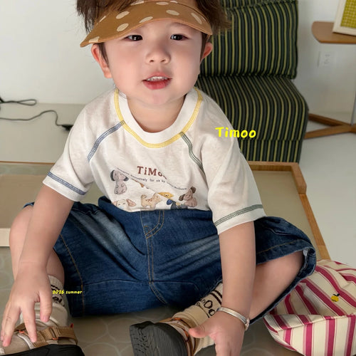 26 Summer Korean version cartoon printed short sleeved T-shirt for boys and children, round neck white top, cute summer style
