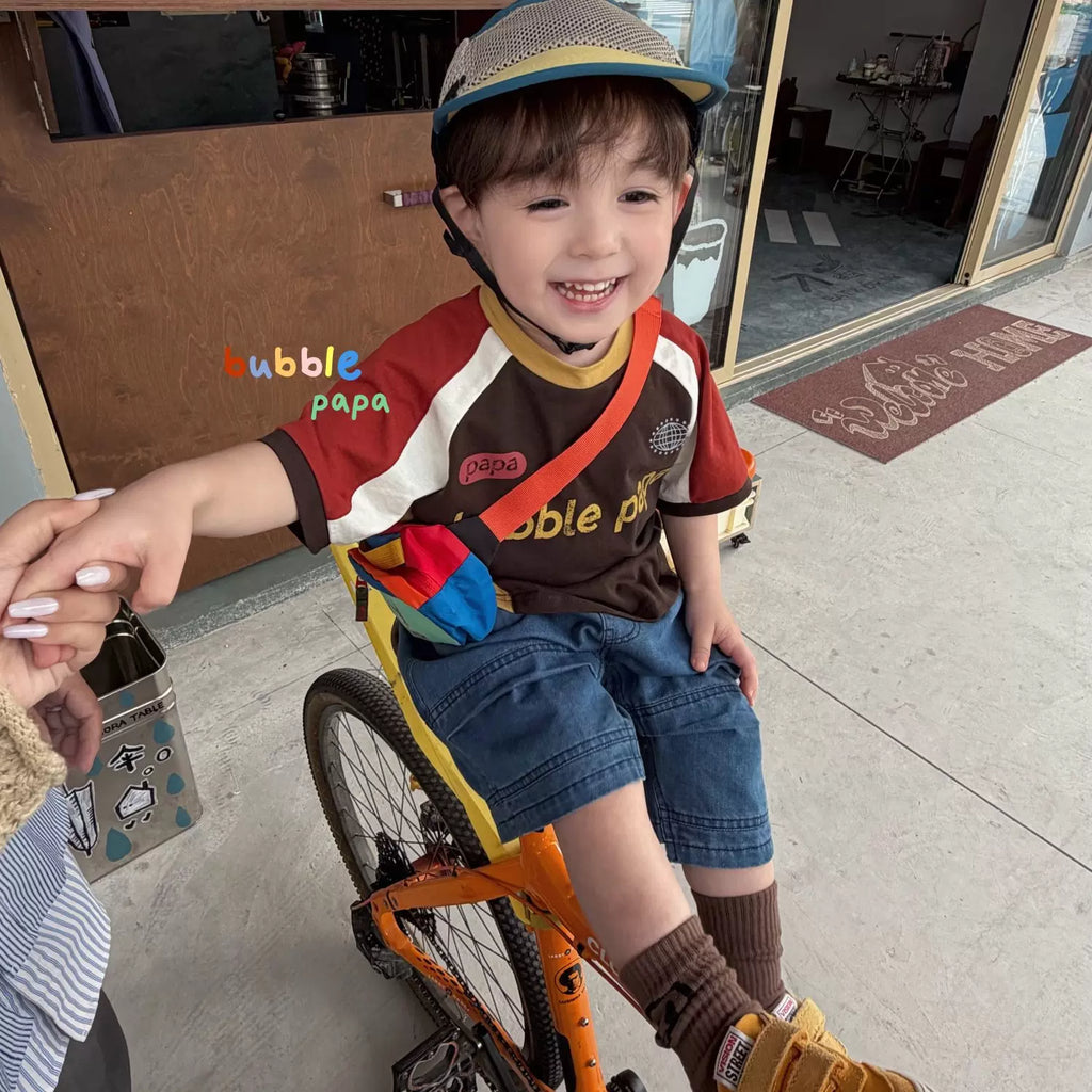 2026 summer new children's clothing Korean version boys' and children's color blocked loose round neck short sleeved T-shirt, stylish denim shorts