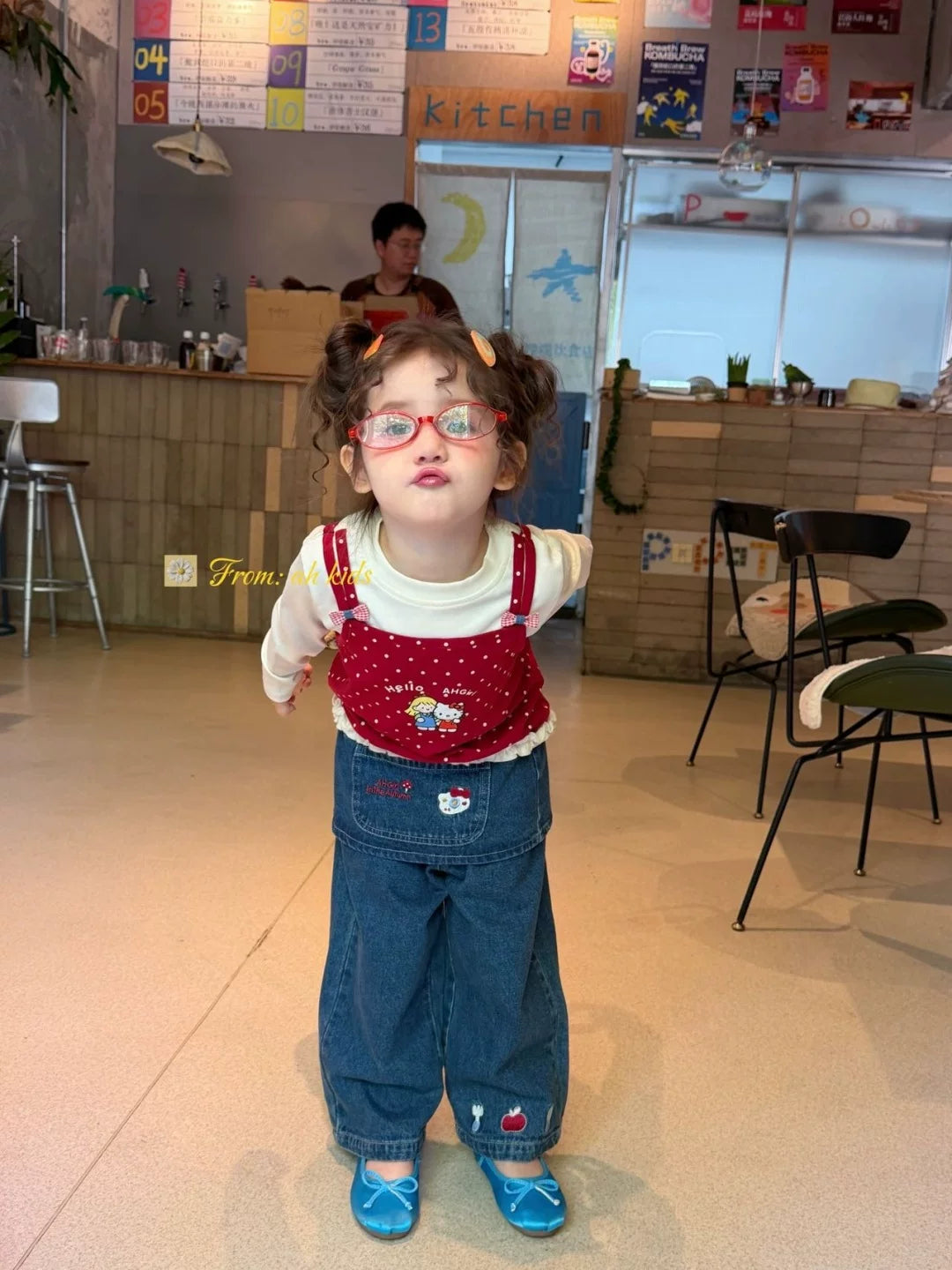 AH children's clothing 2026 autumn new item girls and children Korean version fart curtain KT cat embroidery jeans polka dot fake two piece T-shirt