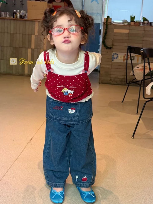 AH children's clothing 2026 autumn new item girls and children Korean version fart curtain KT cat embroidery jeans polka dot fake two piece T-shirt