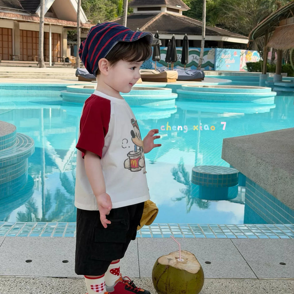2026 Summer New Boys' and Children's Korean Edition Versatile Cotton Casual Shorts Loose Puppy Color blocked Short Sleeve T-shirt