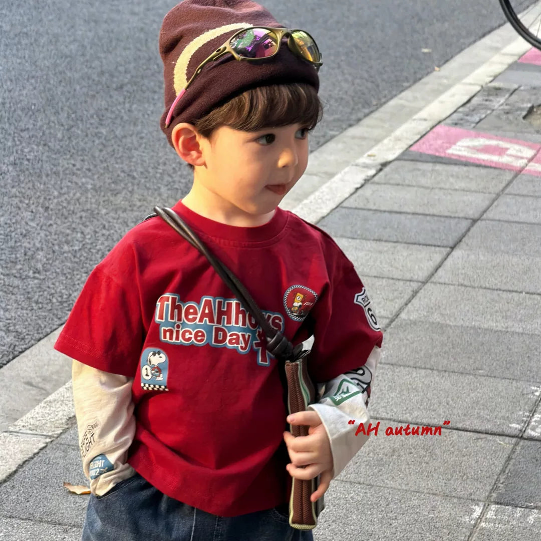 AH26 autumn boys and children's casual round neck red letter printed fake two piece T-shirt Korean loose and versatile jeans