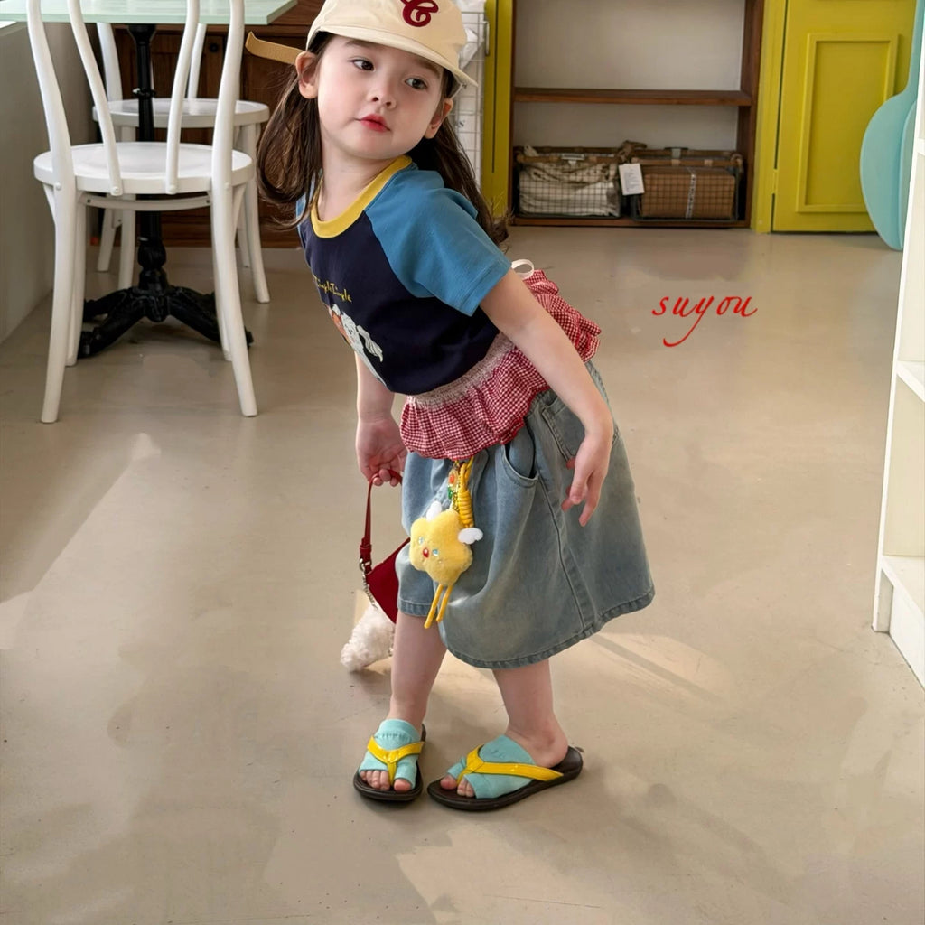 Suyou 2026 Summer Style Girls' Dog Cartoon Color blocked Western Style Short sleeved T-shirt Korean Version Baby Cowboy Pants Trendy