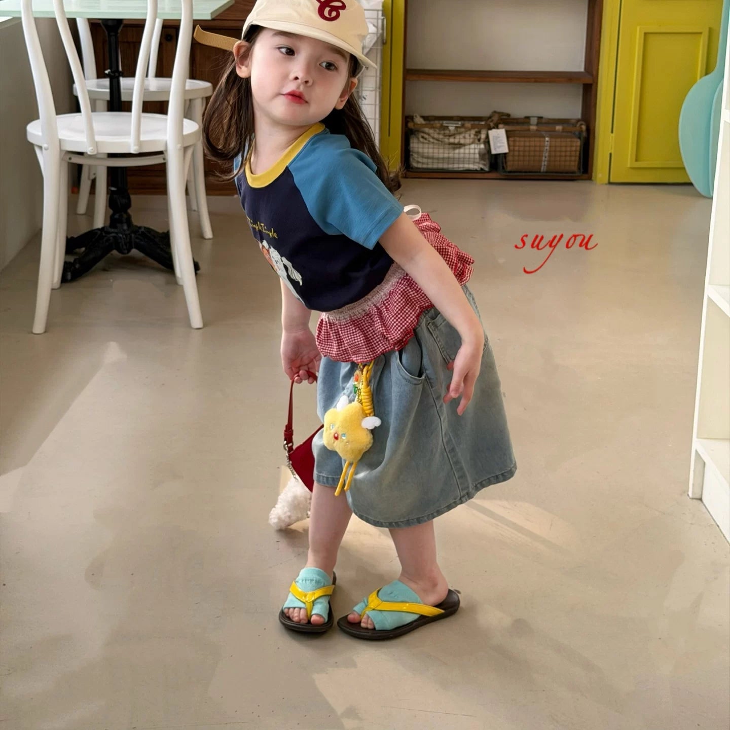 Suyou 2026 Summer Style Girls' Dog Cartoon Color blocked Western Style Short sleeved T-shirt Korean Version Baby Cowboy Pants Trendy