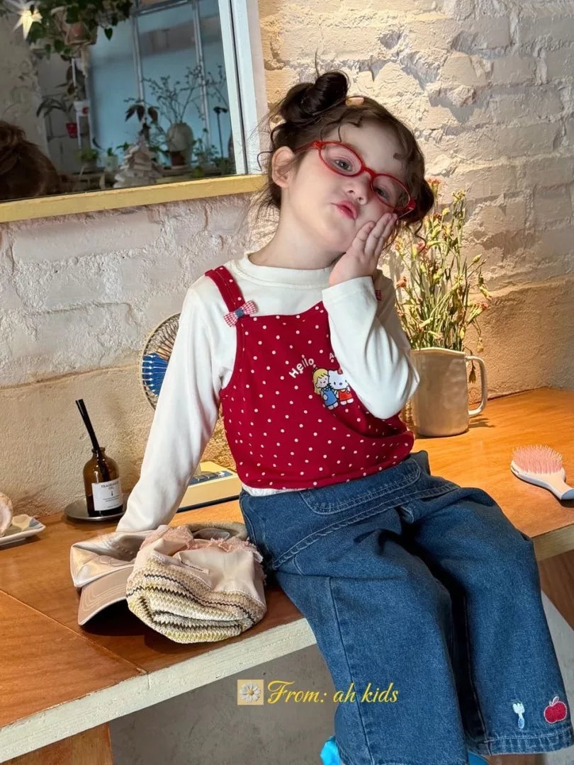 AH children's clothing 2026 autumn new item girls and children Korean version fart curtain KT cat embroidery jeans polka dot fake two piece T-shirt