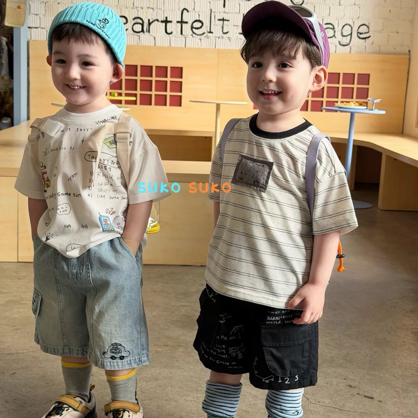 2026 summer new Korean version boys and children loose chest cartoon patch cloth round neck short sleeved T-shirt baby shorts