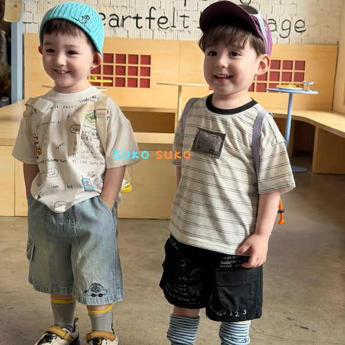 2026 summer new Korean version boys and children loose chest cartoon patch cloth round neck short sleeved T-shirt baby shorts