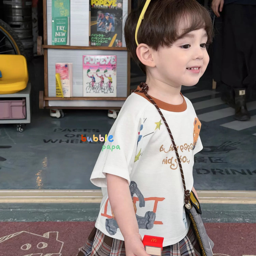 2026 Summer New Boys' and Children's Cartoon Animal Printed Round Neck Splicing Short Sleeve T-shirt Korean Plaid Midpants