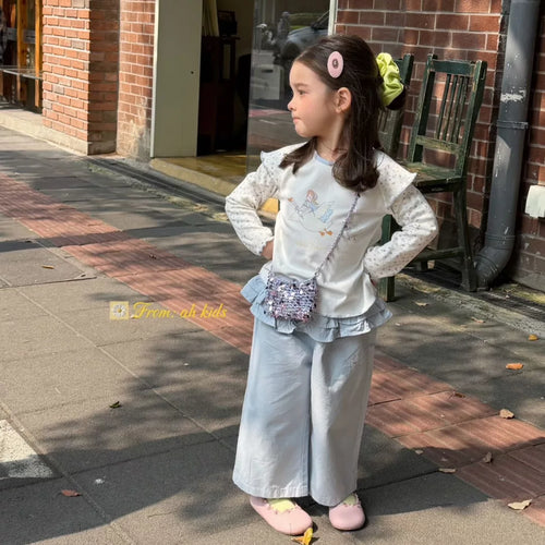 AH2026 autumn new Korean version sweet and cute lace patchwork long sleeved T-shirt for girls and children, fart curtain casual pants